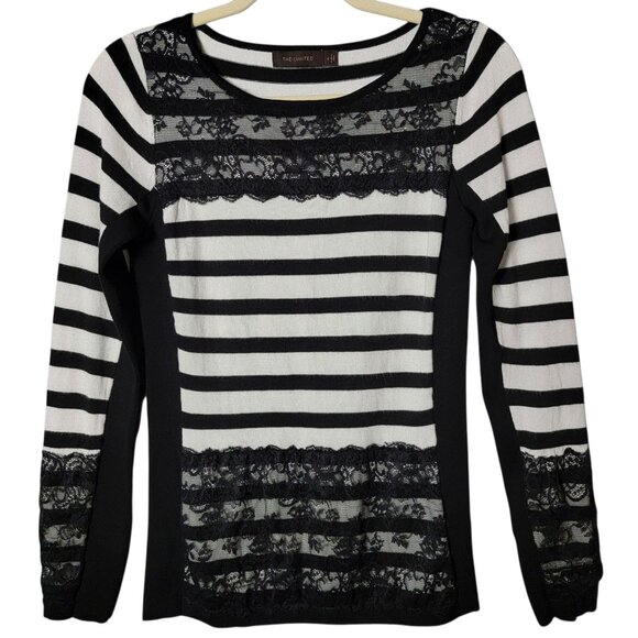 The Limited Womens Black White Striped Lace Y2K Long Sleeve Sweater Small - Picture 1 of 9